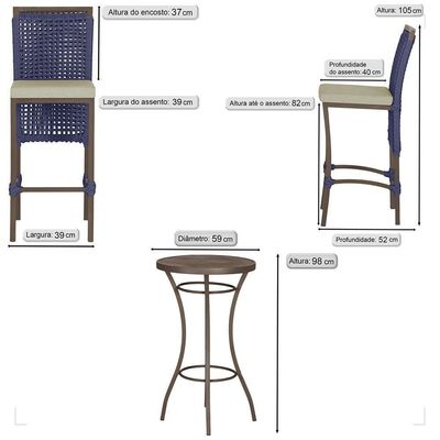 Mesa Bistrô E 4 Banquetas Roma Marrom Corda Estofado 7 Trama Azul