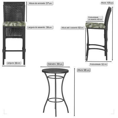 Mesa Bistrô 2 Banquetas Roma Preta Náutica Estofado 5 Trama Preto