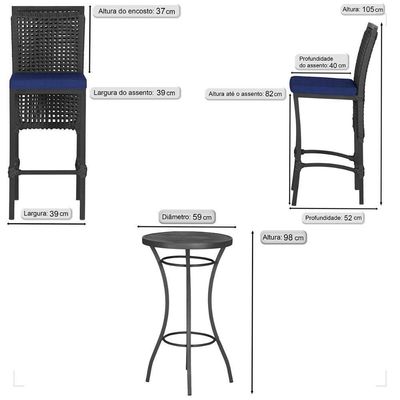 Mesa Bistro E 4 Banquetas Roma Preta Corda Náutica 10 Preta