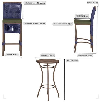 Mesa Bistro E 2 Banquetas Roma Marrom Corda Náutica 13 Azul
