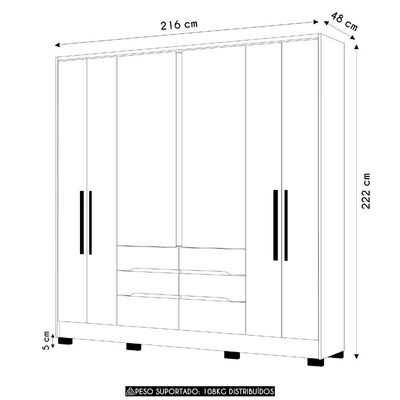 Guarda Roupa Casal 216cm 6 Portas Alabama Freijó-off Z17 - Mpozenato