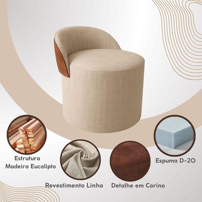 Puff Encosto Corino Linho Orgânico Sala Redondo Quarto Banco cinza