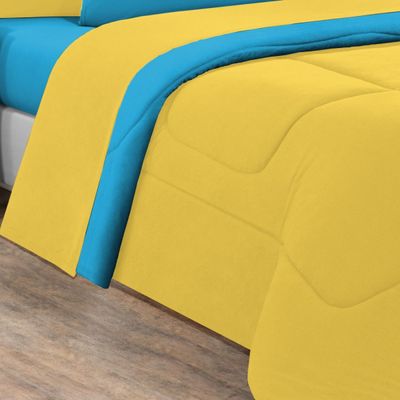 Kit Edredom + Jogo De Lençol Malha 100% Algodão Gran Moratta 7 Peças Casal - Amarelo/Azul Turquesa