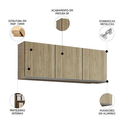 Armário De Cozinha Aéreo 150cm Com 3 Portas Argélia Castanho - Lumil