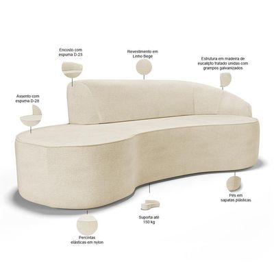Sofá 4 Lugares Curvo Living Firenze Direito D02 Linho Bege 260cm D-463 - Lyam