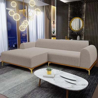Sofá 5 Lugares Chaise Esquerdo Sala Molino 300cm D02 Pés de ouro Bouclê Creme B-54