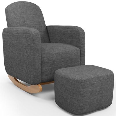 Poltrona De Amamentação Com Balanço E Puff Orgânico Saori W01 Linho Cinza Escuro - Lyam Decor