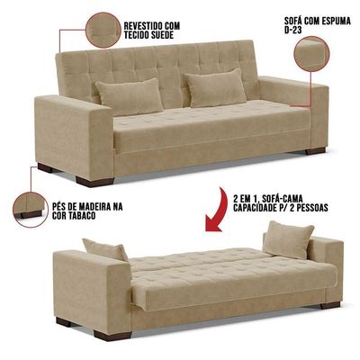Sofá Cama 02 Lugares Suede Marrom Rato Pés De Madeira