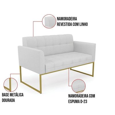 Kit 1 Sofá Namoradeira E 2 Poltronas Elisa Linho Cinza A05 Base Metálica Industrial Dourada D'rossi