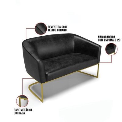 Sofá Namoradeira 2 Lugares Base Industrial Dourado Stella Corano D03 - D'rossi Cor Preto