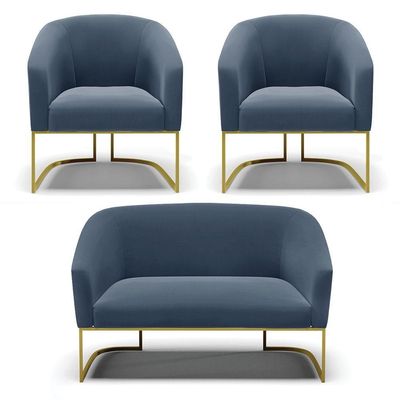 Namoradeira E 2 Poltronas Base Industrial Dourado Stella Suede Azul Marinho D03 - D'rossi