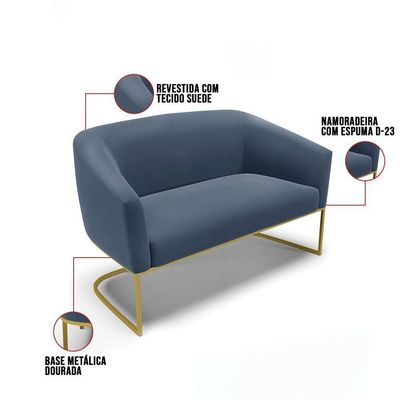 Sofá Namoradeira 2 Lugares Base Industrial Dourado Stella Suede D03 - D'rossi Cor Azul Marinho