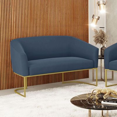 Sofá Namoradeira 2 Lugares Base Industrial Dourado Stella Suede D03 - D'rossi Cor Azul Marinho