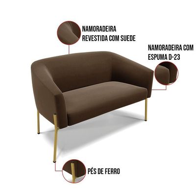 Sofá Namoradeira E Poltrona Pé De Ferro Dourado Stella Suede D03 - D'rossi Cor Marrom
