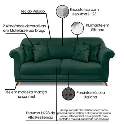 Sofá 2 Lugares Pé De Madeira Julieta 180 Cm Veludo Verde S04 - D'rossi