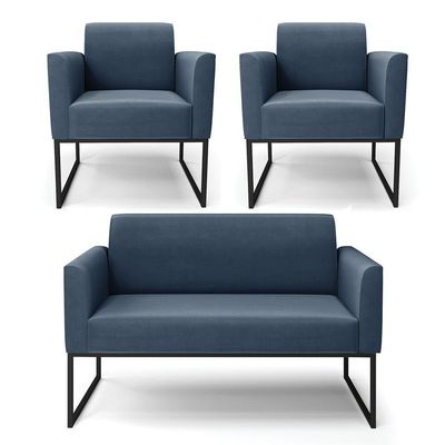 Sofá Namoradeira Com 2 Poltronas Base Industrial Preto Marisa Suede Azul Marinho