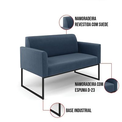 Sofá Namoradeira Com 2 Poltronas Base Industrial Preto Marisa Suede Azul Marinho