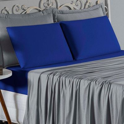 Jogo De Cama Queen Nobre 4 Peças Lençol Com Elástico De 30cm De Altura Malha 100% Algodão - Cinza / Royal