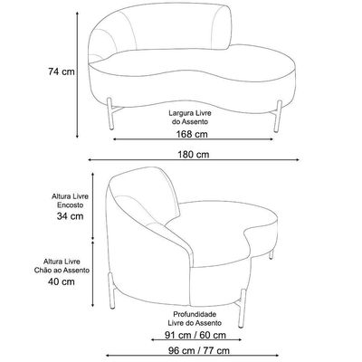 Sofá Curvo 3 Lugares 180cm Braço Dir. Thommy Pés Preto Linho Off White - Nexta Casa