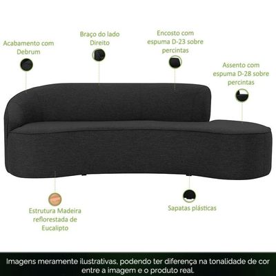 Sofá Curvo 03 Lugares 180cm Eron Braço Direito Linho Preto Acinzentado - Nexta Casa