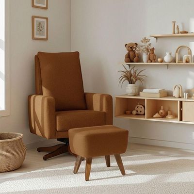 Poltrona De Amamentação Giro Balanço Ayra Com Puff Linho Aveludado Terracota - Nexta Casa