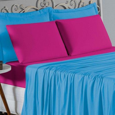 Jogo De Cama Solteiro Nobre 3 Peças Lençol Com Elástico De 30cm De Altura Malha 100% Algodão - Turquesa / Pink