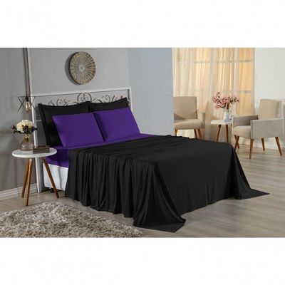 Jogo De Cama Solteiro Nobre 3 Peças Lençol Com Elástico De 30cm De Altura Malha 100% Algodão - Preto / Roxo