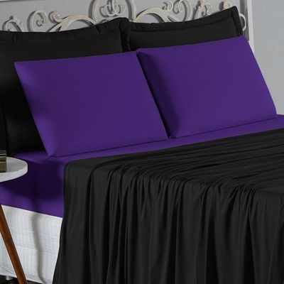 Jogo De Cama Solteiro Nobre 3 Peças Lençol Com Elástico De 30cm De Altura Malha 100% Algodão - Preto / Roxo