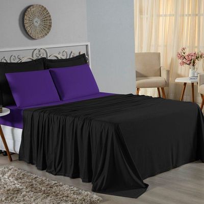 Jogo De Cama Solteiro Nobre 3 Peças Lençol Com Elástico De 30cm De Altura Malha 100% Algodão - Preto / Roxo