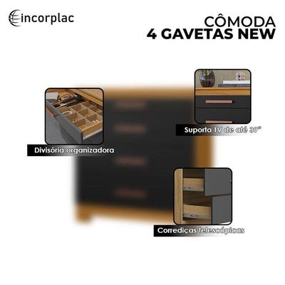 Cômoda 4 Gavetas New Carvalho Americano Preto Tx -incorplac