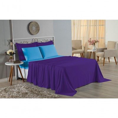 Jogo De Cama Solteiro Nobre 3 Peças Lençol Com Elástico De 30cm De Altura Malha 100% Algodão - Roxo / Turquesa