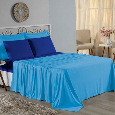 Jogo De Cama King Nobre 4 Peças Lençol Com Elástico De 30cm De Altura Malha 100% Algodão - Turquesa / Royal