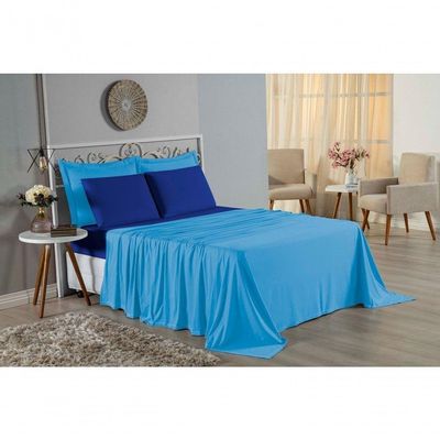 Jogo De Cama King Nobre 4 Peças Lençol Com Elástico De 30cm De Altura Malha 100% Algodão - Turquesa / Royal