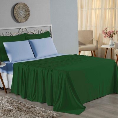 Jogo De Cama Queen Nobre 4 Peças Lençol Com Elástico De 30cm De Altura Malha 100% Algodão - Verde-bandeira / Azul-bebê