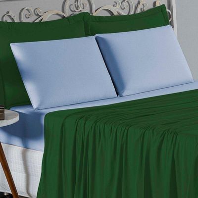 Jogo De Cama Queen Nobre 4 Peças Lençol Com Elástico De 30cm De Altura Malha 100% Algodão - Verde-bandeira / Azul-bebê