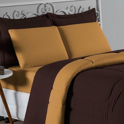 Kit Edredom Dupla Face + Jogo De Lençol Casal Viúva Nobre 6 Peças Malha 100% Algodão - Marrom / Cobre