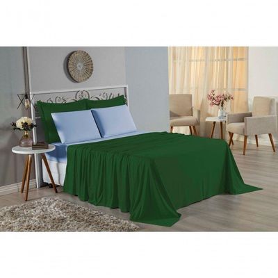 Jogo De Cama King Nobre 4 Peças Lençol Com Elástico De 30cm De Altura Malha 100% Algodão - Verde-bandeira / Azul-bebê