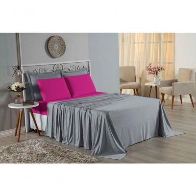 Jogo De Cama King Nobre 4 Peças Lençol Com Elástico De 30cm De Altura Malha 100% Algodão - Cinza / Pink