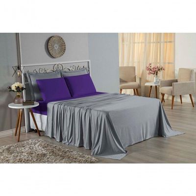 Jogo De Cama King Nobre 4 Peças Lençol Com Elástico De 30cm De Altura Malha 100% Algodão - Cinza / Roxo