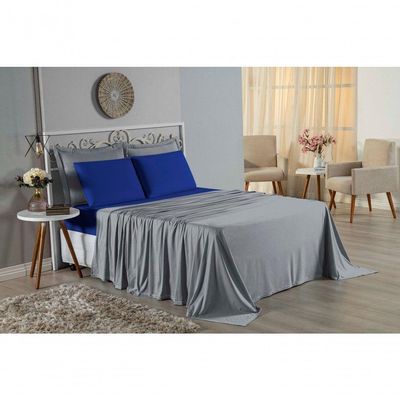 Jogo De Cama Casal Viúva Nobre 4 Peças Malha 100% Algodão - Cinza / Royal