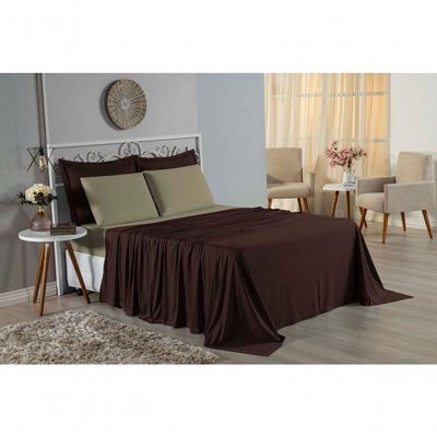 Jogo De Cama Casal Nobre 4 Peças Lençol Com Elástico De 30cm De Altura Malha 100% Algodão - Marrom / Avelã