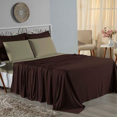 Jogo De Cama Casal Nobre 4 Peças Lençol Com Elástico De 30cm De Altura Malha 100% Algodão - Marrom / Avelã
