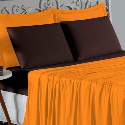 Jogo De Cama King Nobre 4 Peças Lençol Com Elástico De 30cm De Altura Malha 100% Algodão - Laranja / Marrom