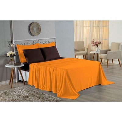 Jogo De Cama King Nobre 4 Peças Lençol Com Elástico De 30cm De Altura Malha 100% Algodão - Laranja / Marrom