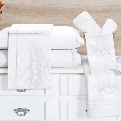 Jogo De Cama Casal Queen Topázio Bordado 04 Peças Percal 200 Fios 100% Algodão - Branco