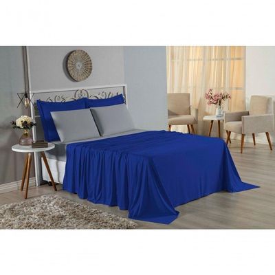 Jogo De Cama King Nobre 4 Peças Lençol Com Elástico De 30cm De Altura Malha 100% Algodão - Royal / Cinza