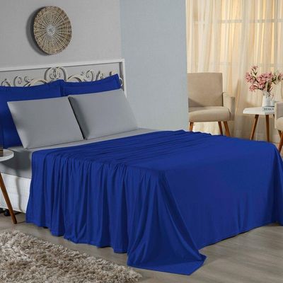 Jogo De Cama King Nobre 4 Peças Lençol Com Elástico De 30cm De Altura Malha 100% Algodão - Royal / Cinza