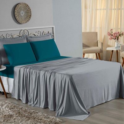 Jogo De Cama Casal Nobre 4 Peças Lençol Com Elástico De 30cm De Altura Malha 100% Algodão - Cinza / Petróleo