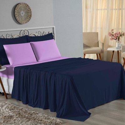 Jogo De Cama King Nobre 4 Peças Lençol Com Elástico De 30cm De Altura Malha 100% Algodão - Azul-marinho / Lilás