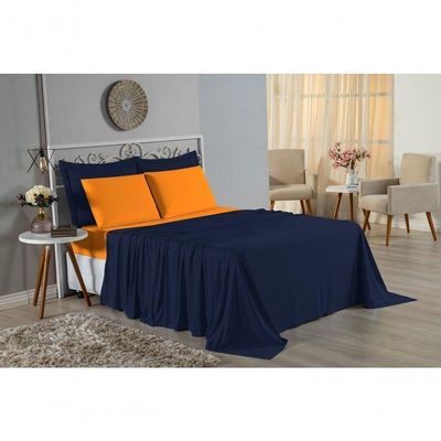 Jogo De Cama Casal Viúva Nobre 4 Peças Malha 100% Algodão - Azul-marinho / Laranja